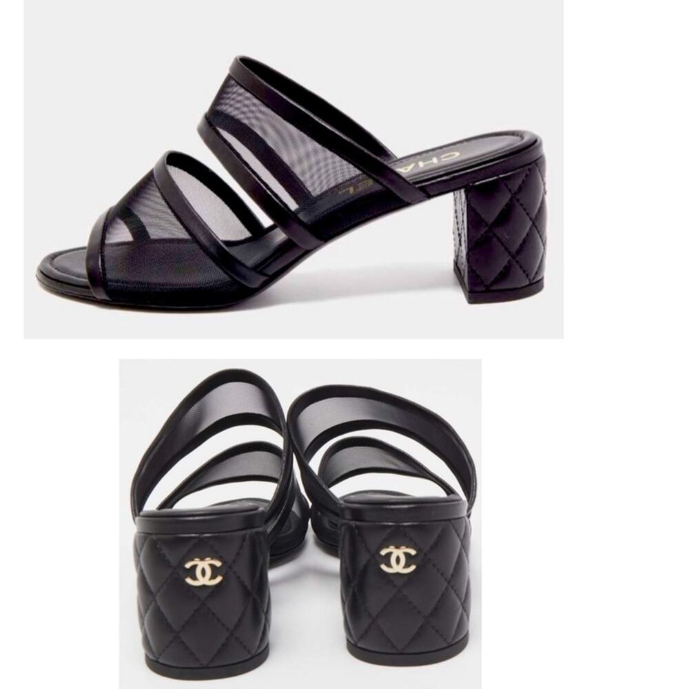 CHANEL Leather Quilted Mesh CC logo Slides Sandals 6